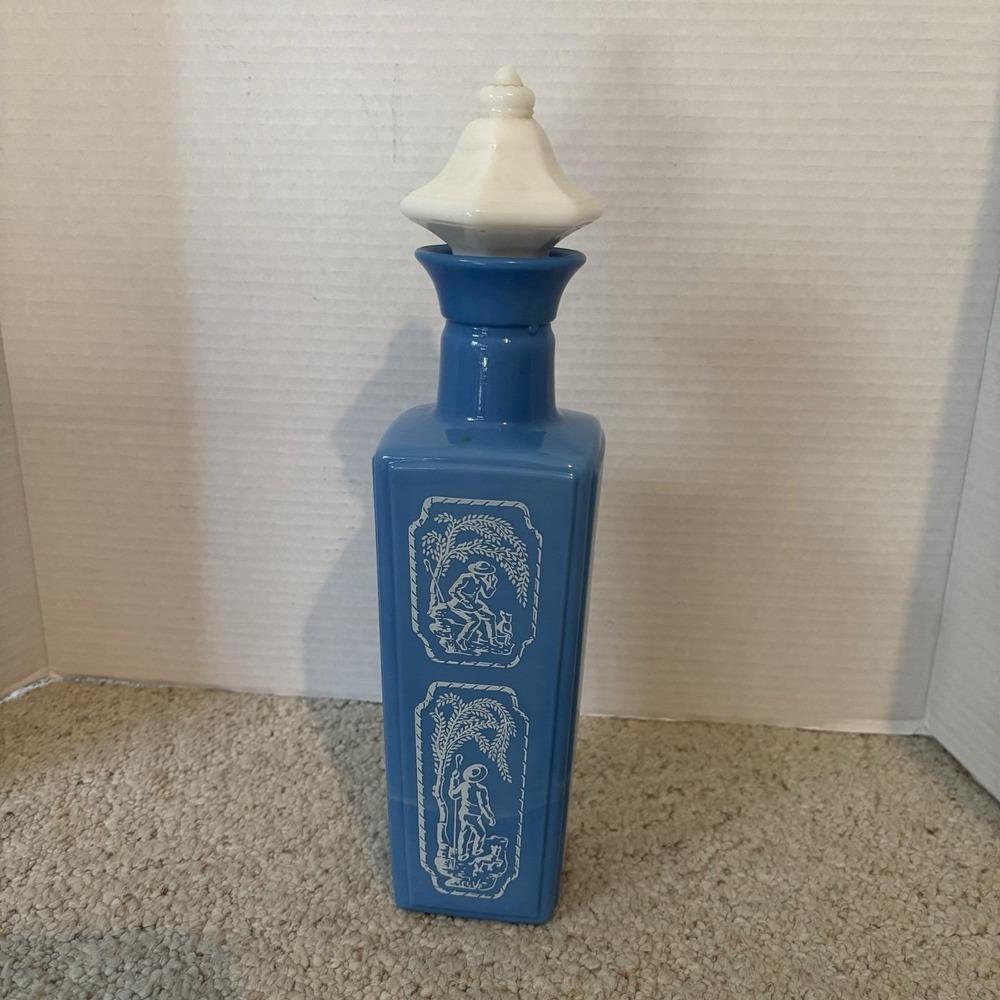 Jim Beam Decanter VTG 1965 Blue Milk Glass w White Pagoda Topper Whiskey-WOW!